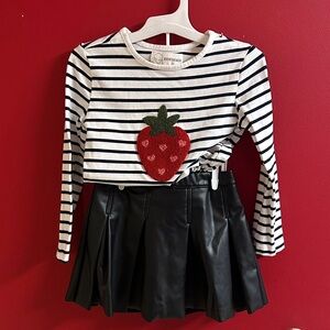 Striped Long-Sleeve Strawberry Appliqué Top Black leather look skirt size 4t